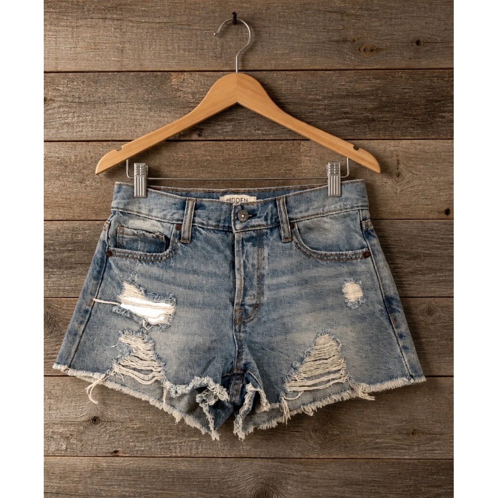 Hidden Denim Shorts Small‎ Light Blue Distressed Raw Hem High Rise HD4144-LT